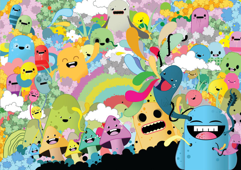 Colorful Cartoon Monsters — Blue, Playful, Illustration, Mushrooms