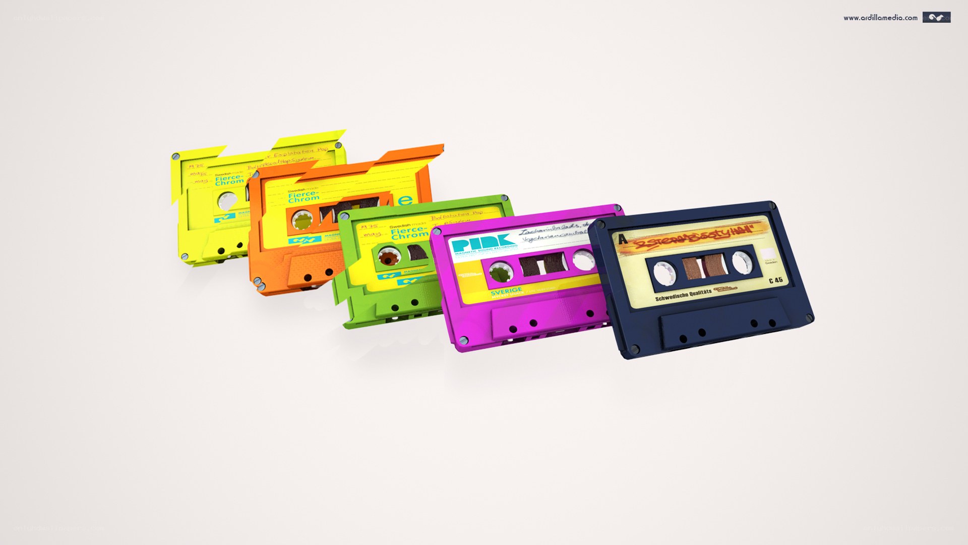 Colorful cassette tapes in a row