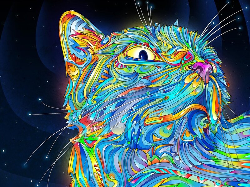 Colorful Cat Illustration — Blue, Vibrant, Night