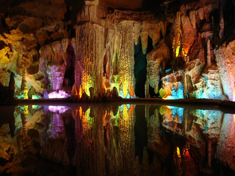 Colorful Cave Formations — Yellow, Dramatic, Night, Photograph, Stalactites
