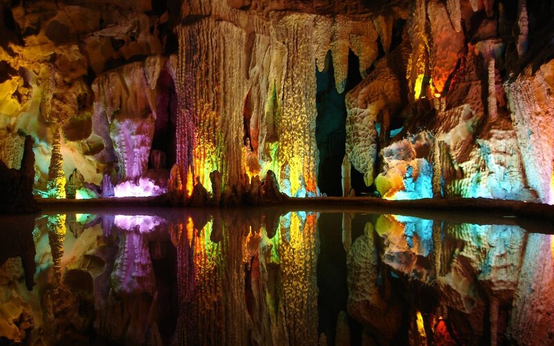 Colorful Cave Formations — Yellow, Dramatic, Night, Photograph