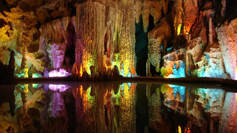 Colorful Cave Formations — Yellow, Dramatic, Night