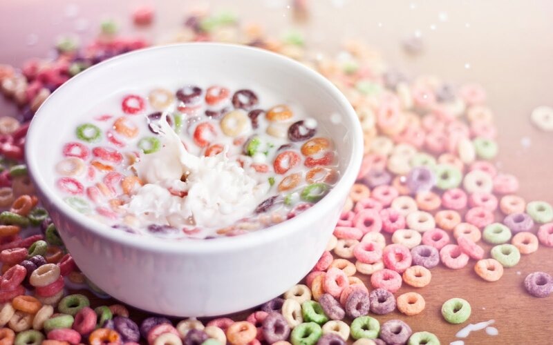 Colorful Cereal in Bowl — White