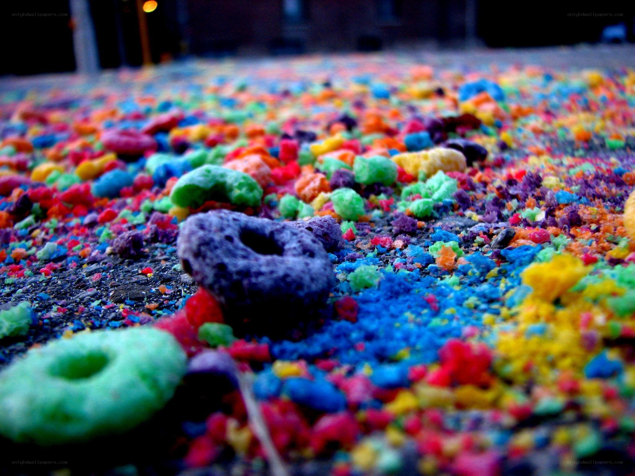 colorful cereal scattered on ground