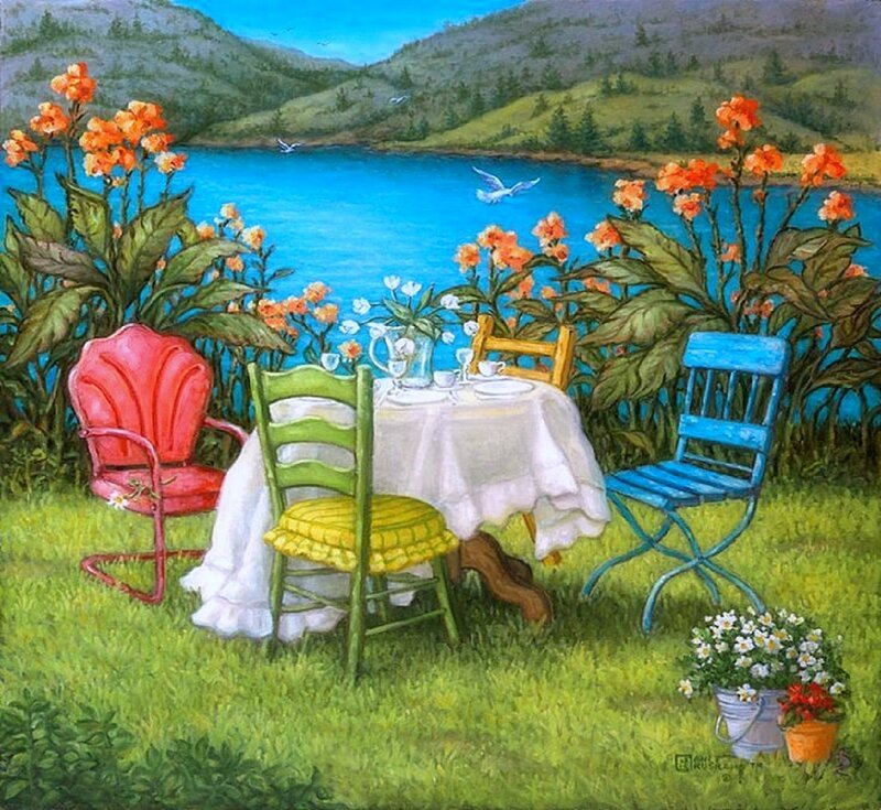 Colorful Chairs by Lake — Green