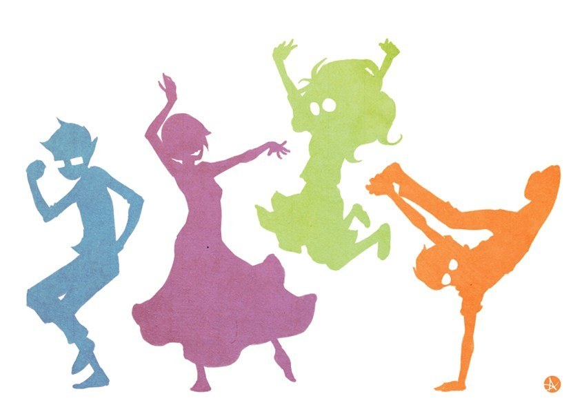 colorful character silhouettes dancing