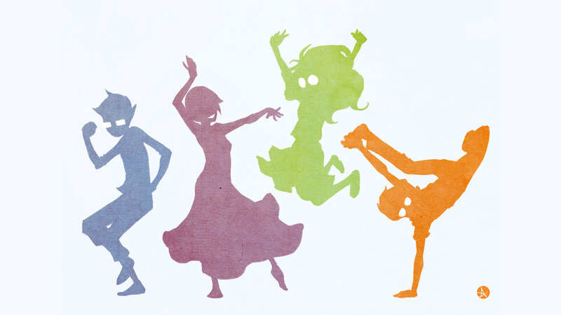colorful character silhouettes dancing