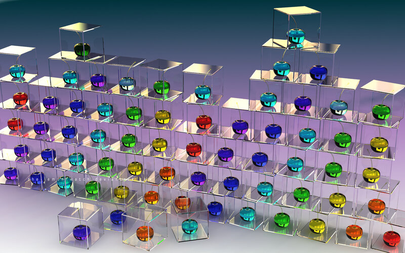 Colorful cherries in glass cubes