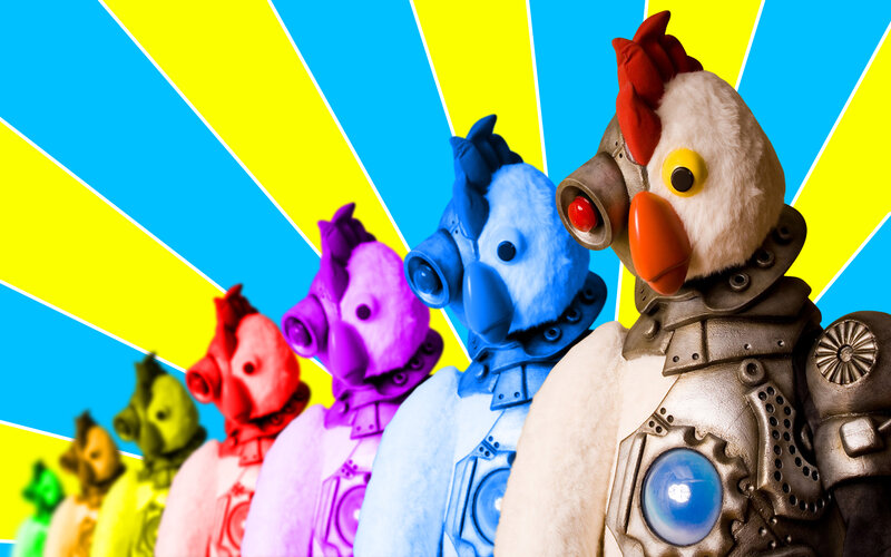 colorful chicken robots in line