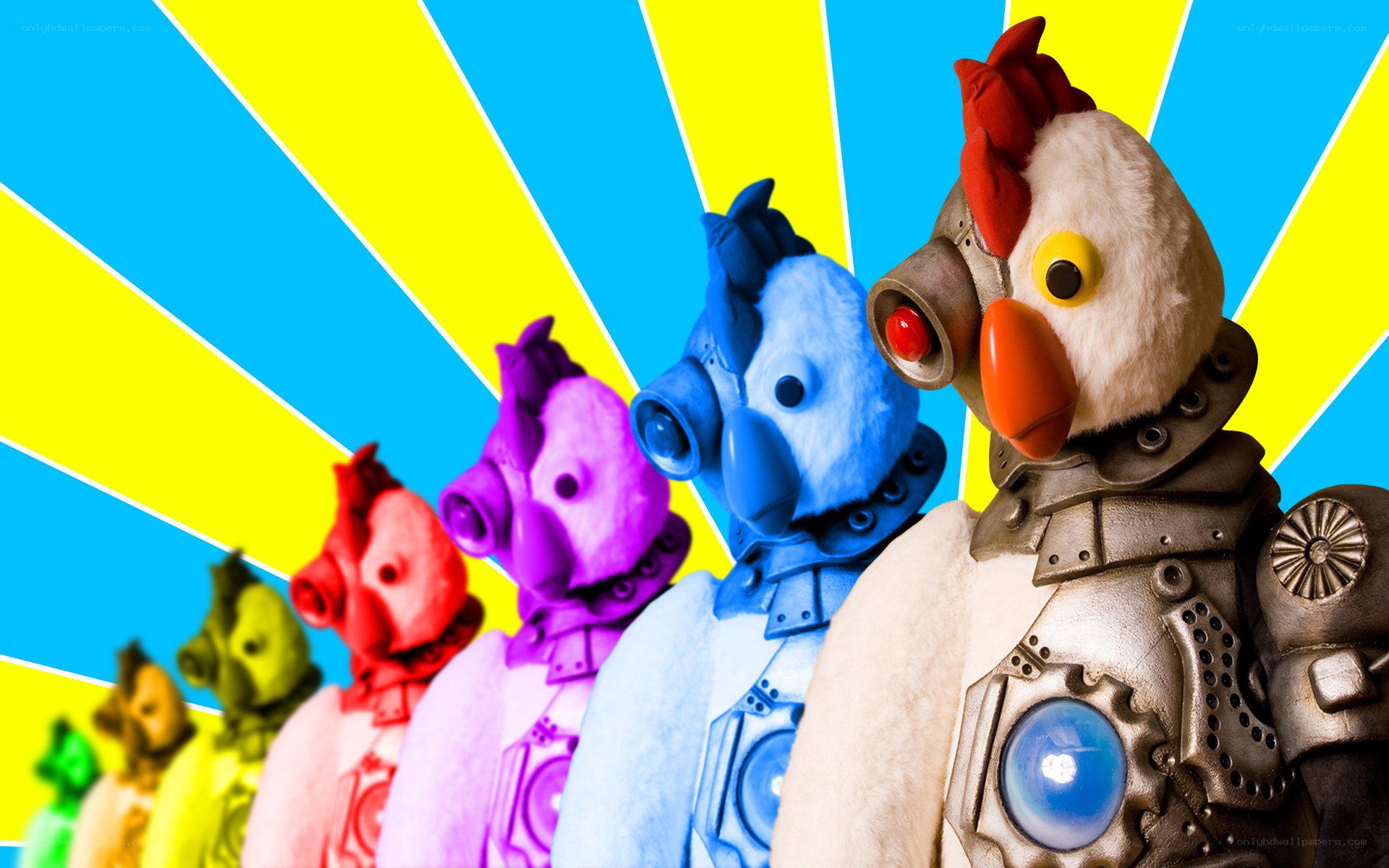 colorful chicken robots in line