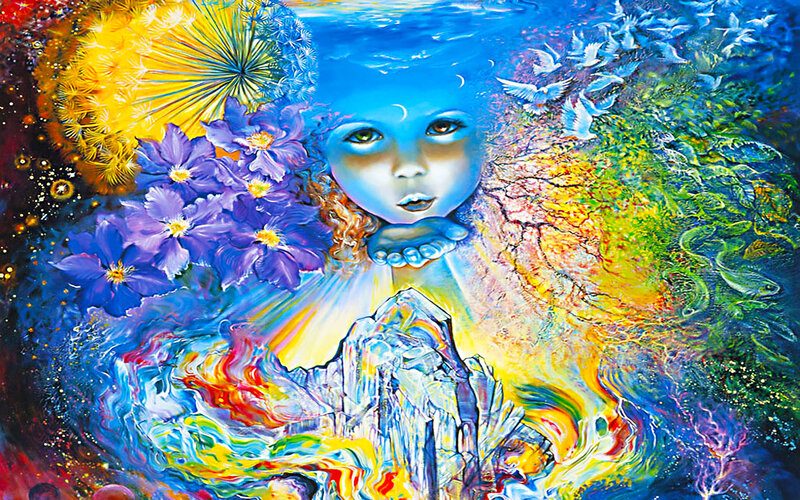 Colorful child with flowers and crystals
