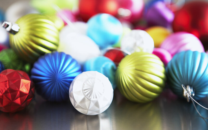Colorful Christmas Ornaments — Green, Festive, Photograph