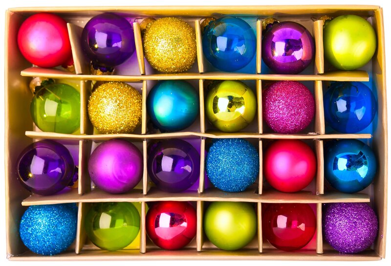 Colorful Christmas ornaments in box