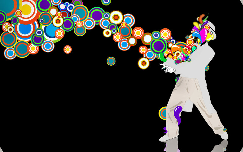 Colorful circles burst from figure