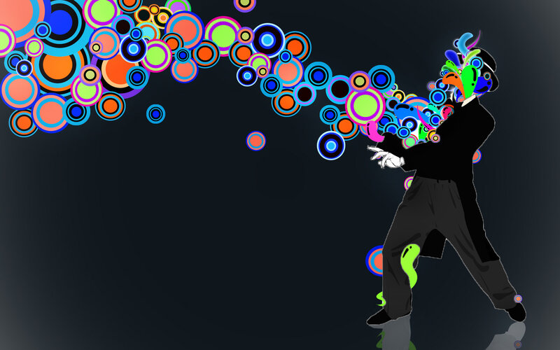 Colorful circles burst from man