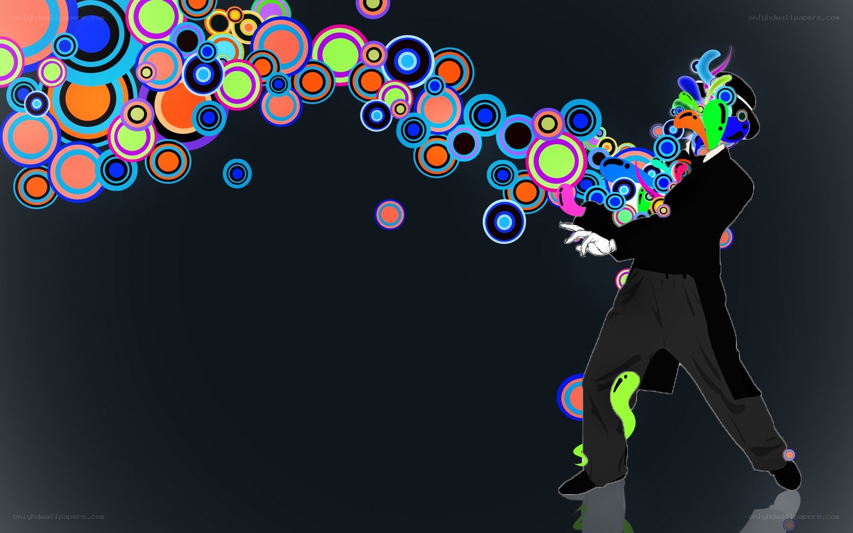 Colorful circles burst from man