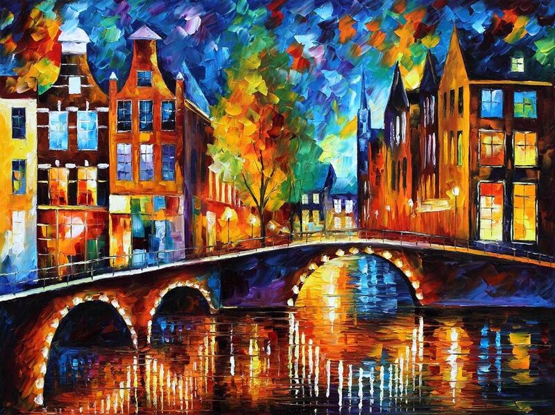 Colorful city bridge at night