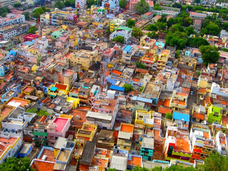 colorful city rooftops aerial view