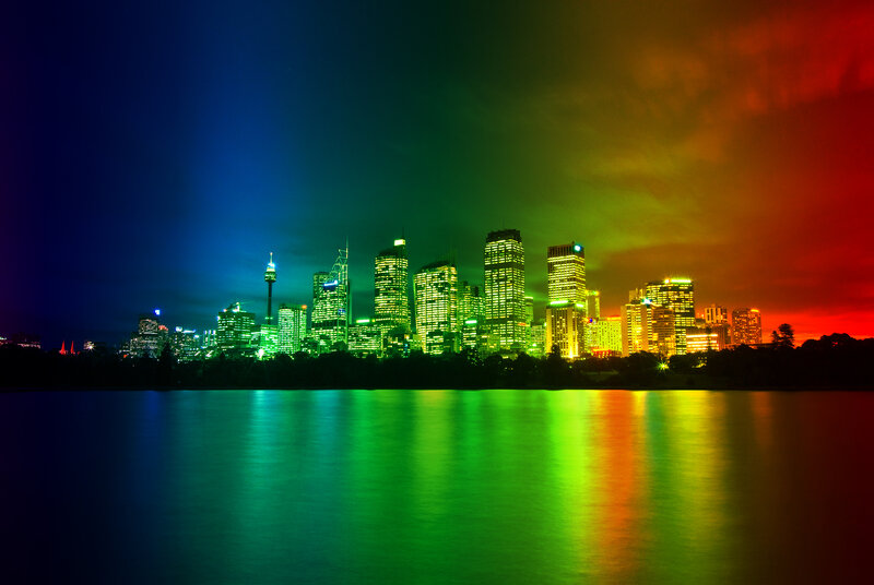 colorful city skyline at night
