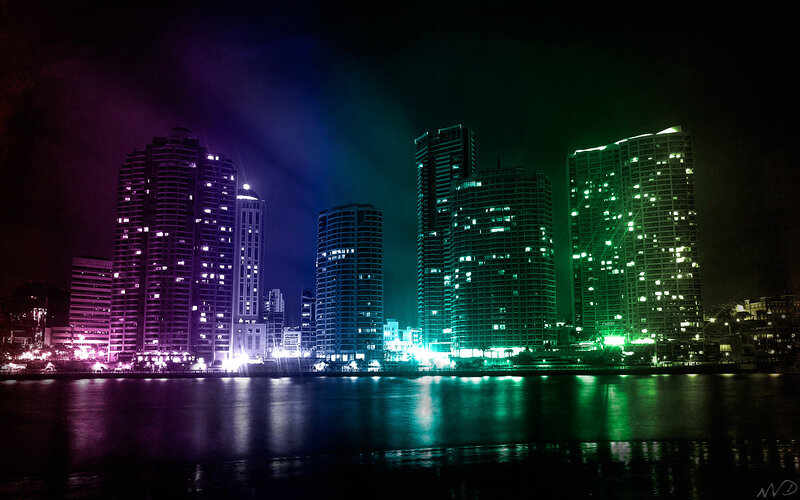 colorful city skyline at night