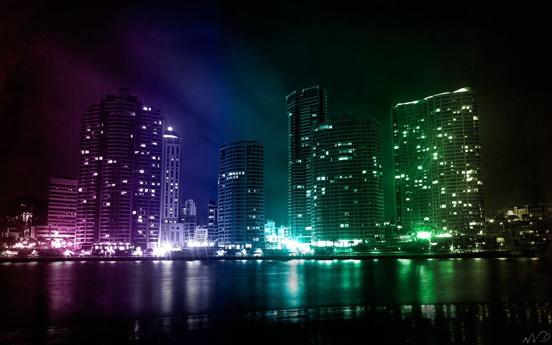 colorful city skyline at night