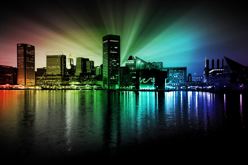 colorful city skyline at night
