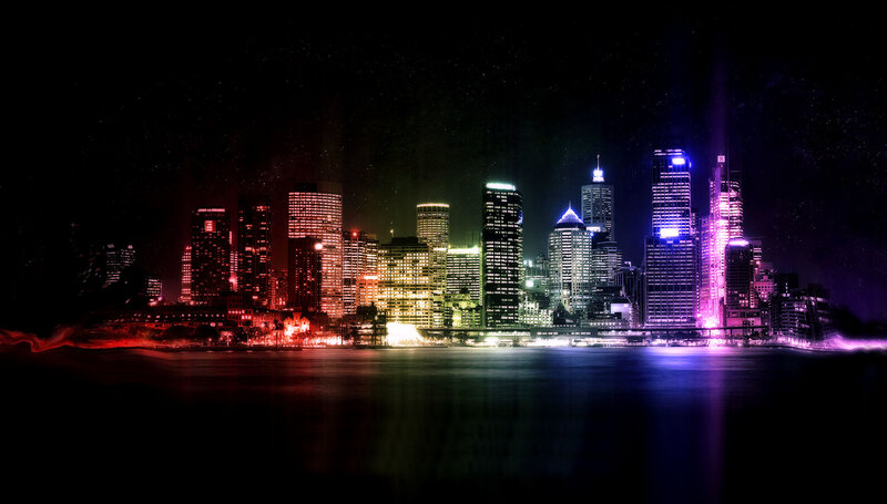 colorful city skyline at night