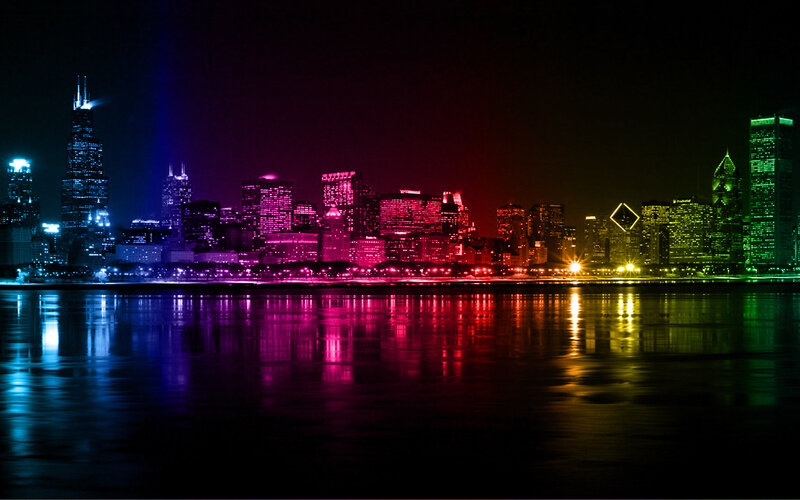 colorful city skyline at night