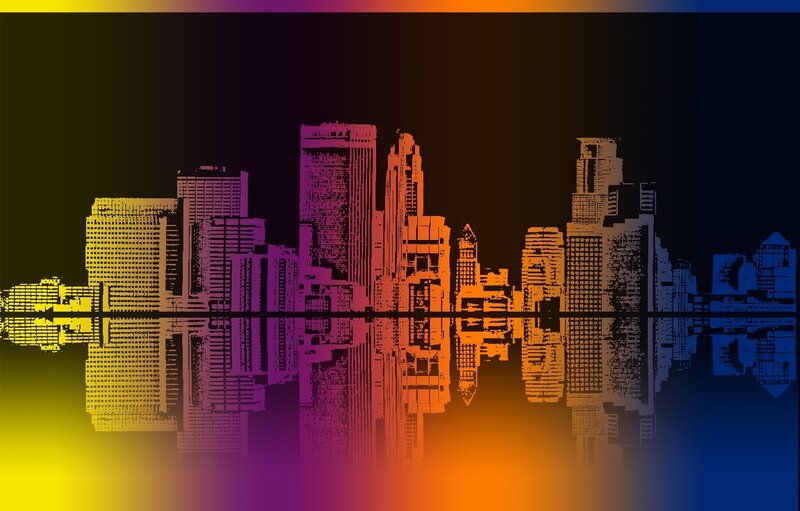 colorful city skyline reflection