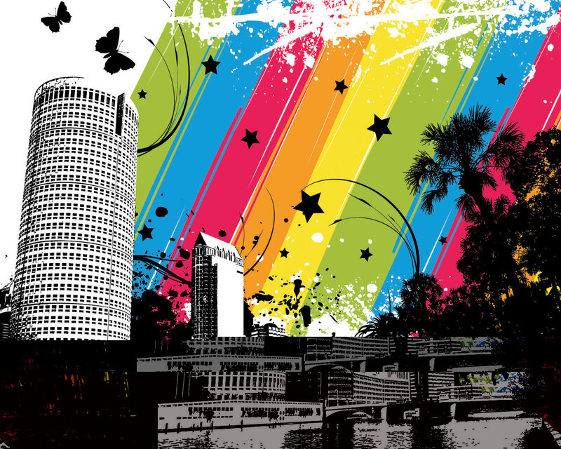 colorful city skyline with rainbow