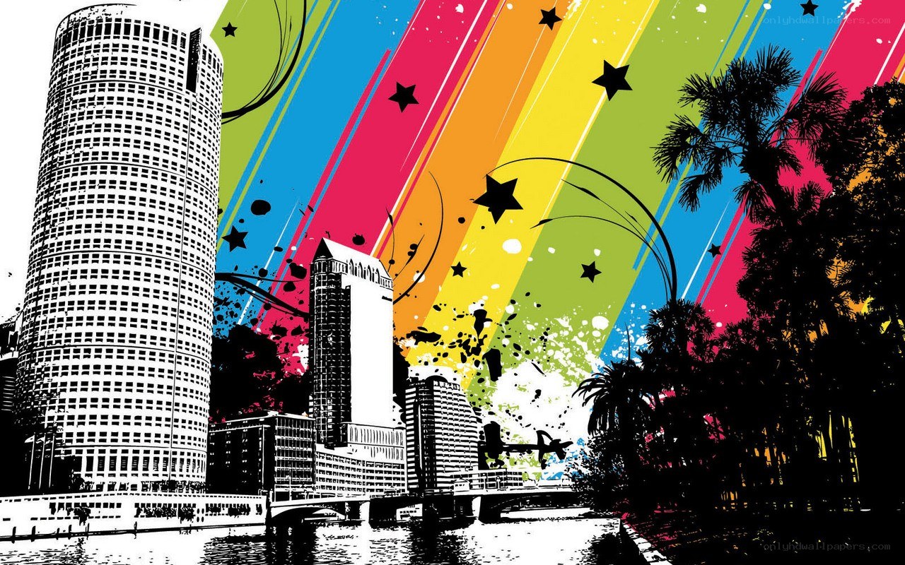 colorful city skyline with rainbow
