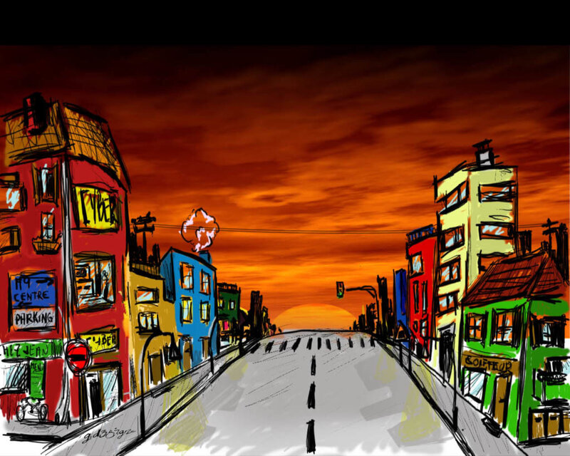 colorful city street at sunset