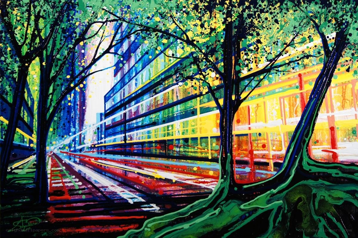 Colorful city street with trees