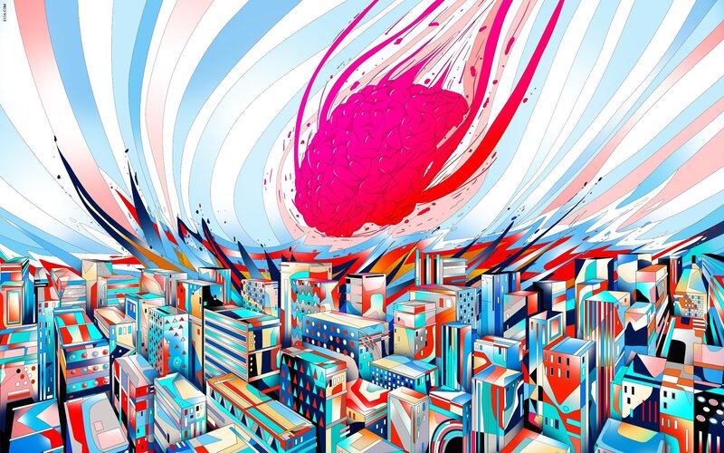 Colorful city under meteor impact