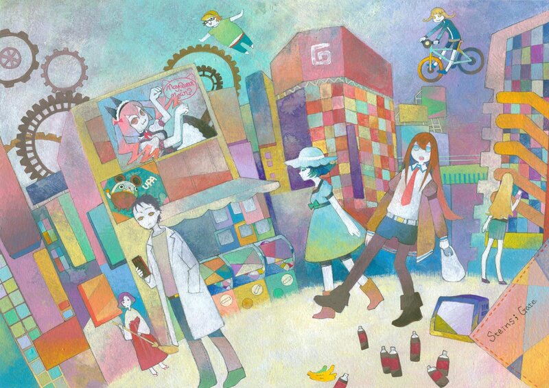Colorful city with anime characters