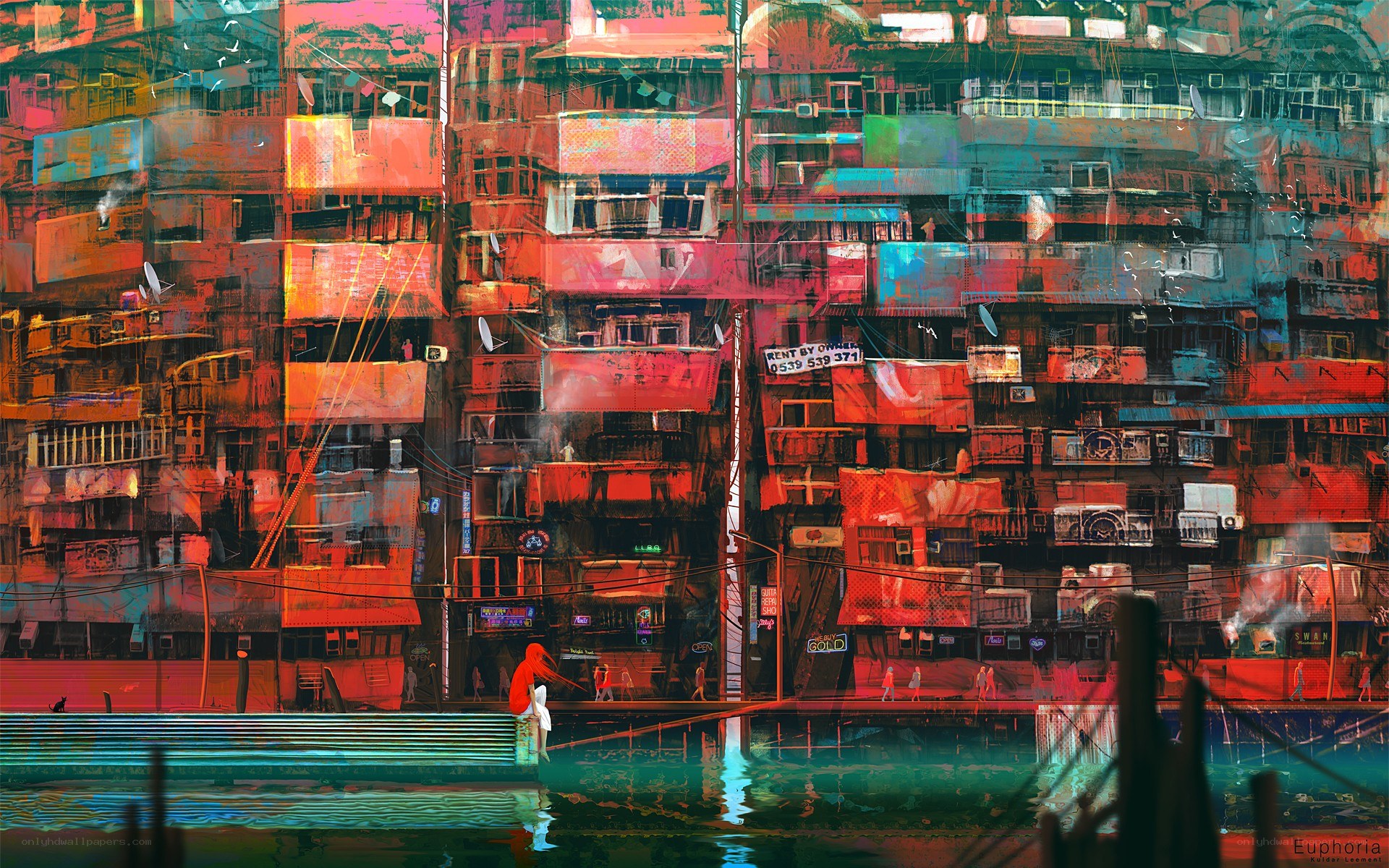 Colorful cityscape by water