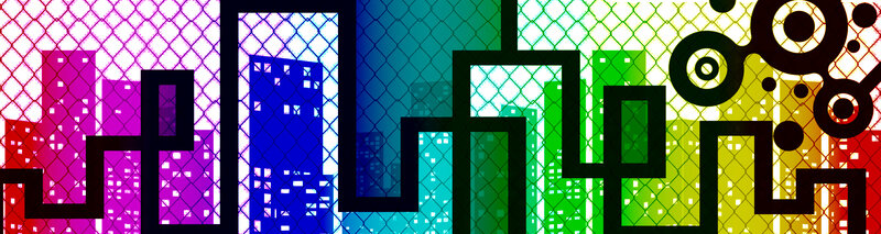 colorful cityscape through fence