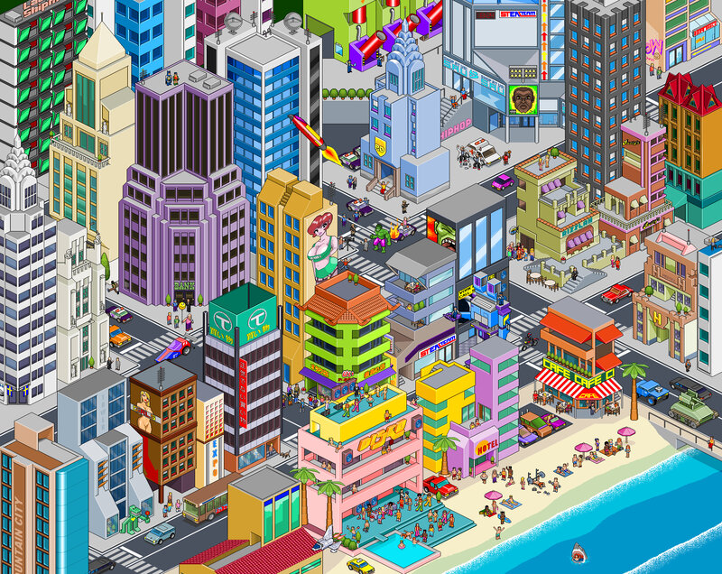 Colorful cityscape with beach