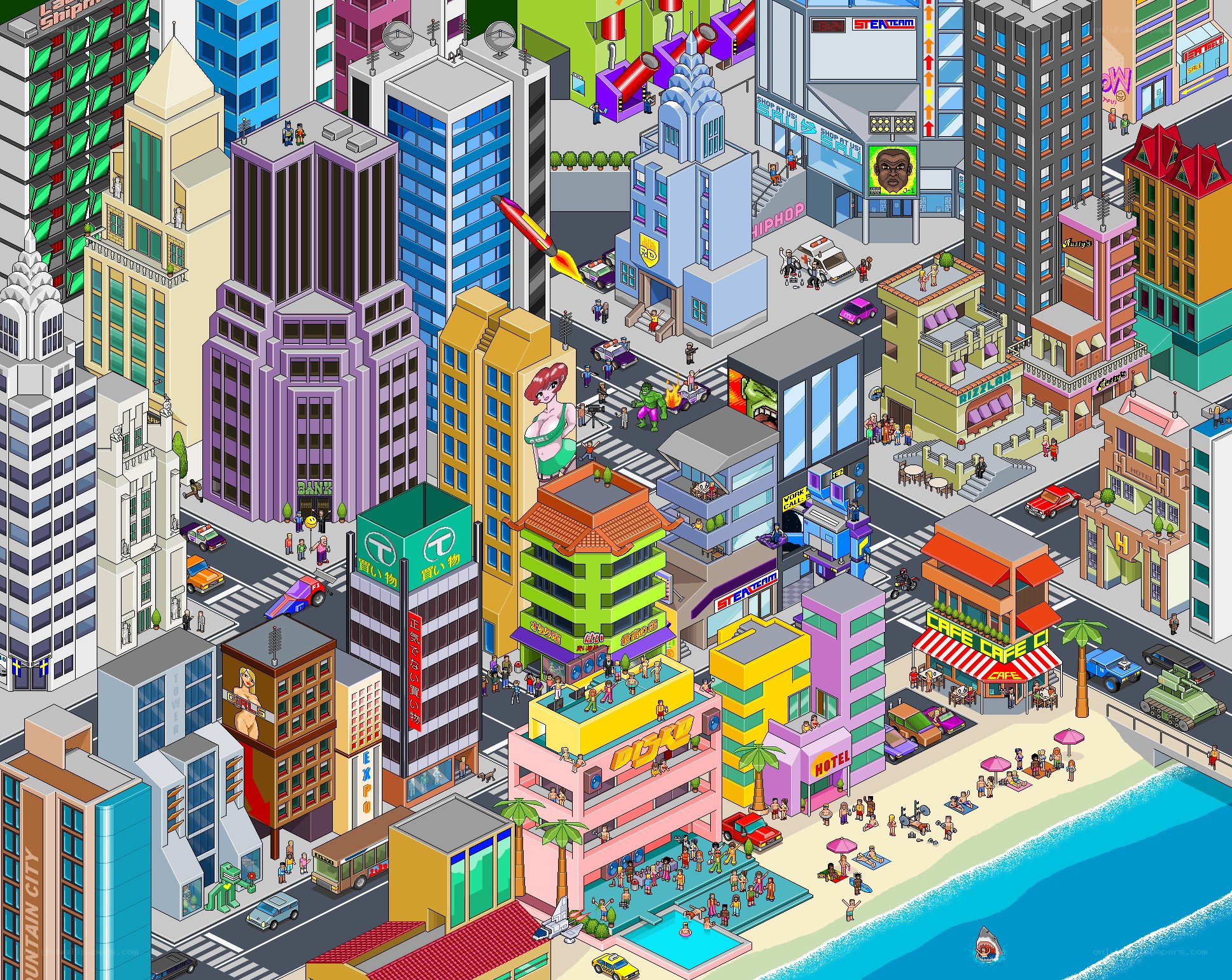 Colorful cityscape with beach