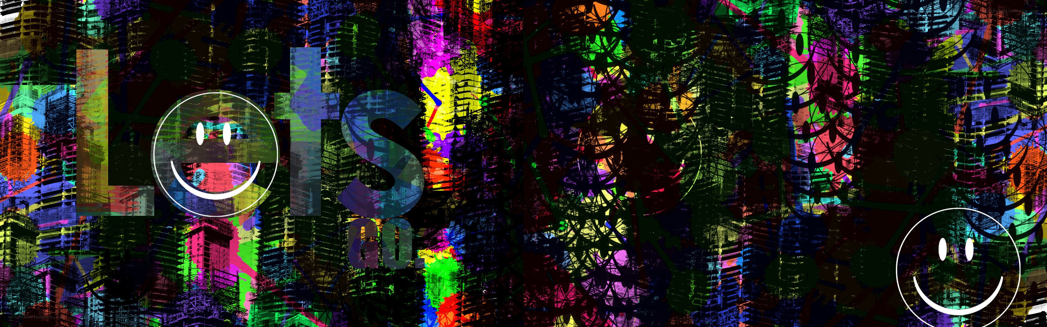 colorful cityscape with smiley faces