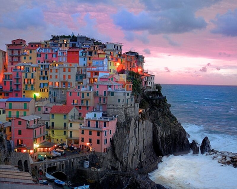 Colorful Cliffside Village — Pink