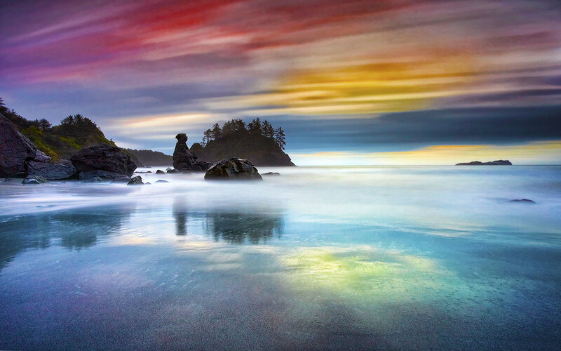Colorful coastal sunset scene