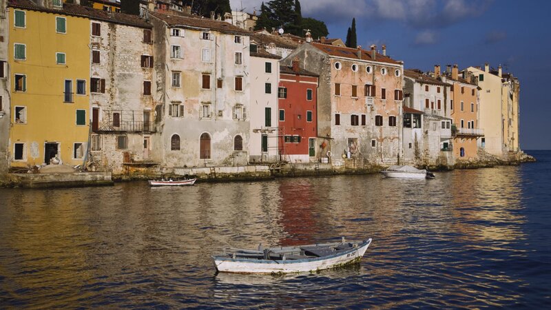 Colorful coastal town at sunset