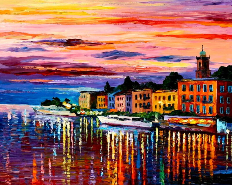 Colorful coastal town at sunset