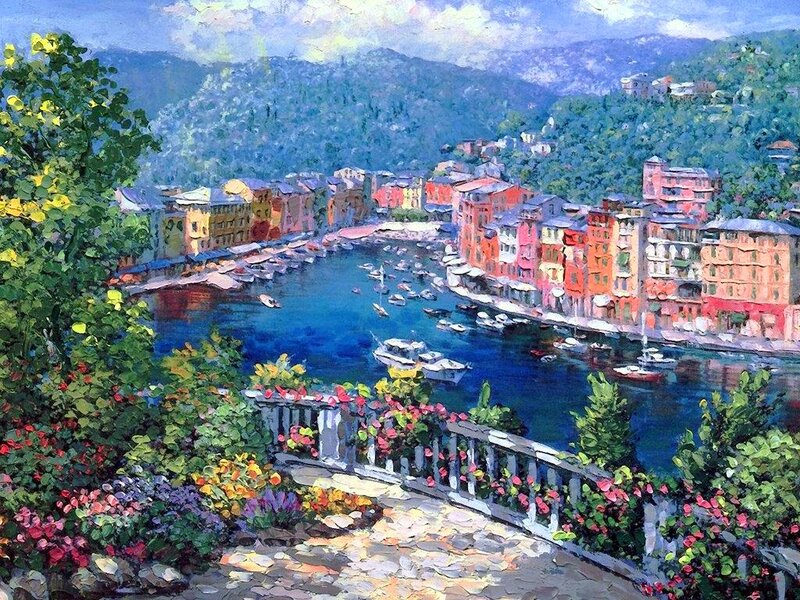 Colorful Coastal Town — Blue, Serene, Afternoon, Painting, Boats, Mountains