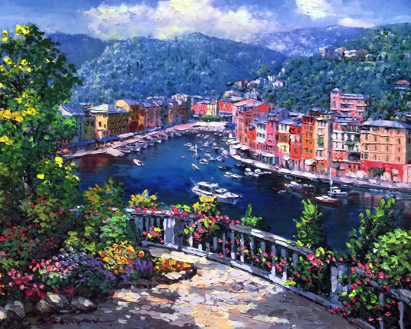 Colorful Coastal Town — Blue, Serene, Afternoon, Painting