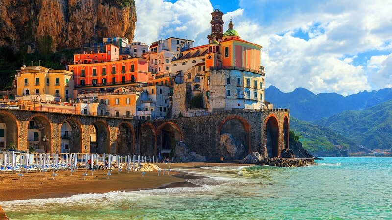 Colorful Coastal Town — Blue, Serene, Afternoon, Photograph, Beach, Mountains