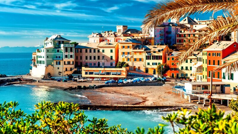 Colorful Coastal Town — Blue, Serene, Afternoon, Photograph, Beach