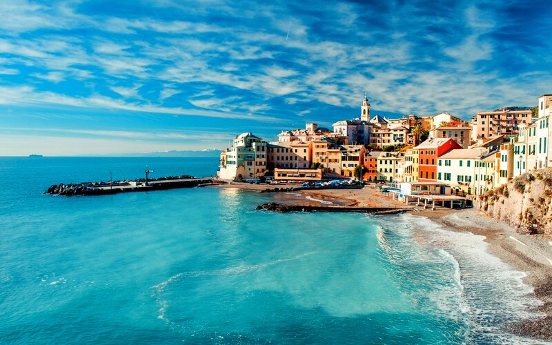Colorful Coastal Town — Blue, Serene, Afternoon, Photograph, Sea