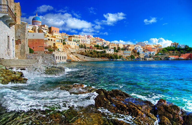 Colorful Coastal Town — Blue, Serene, Afternoon, Photograph